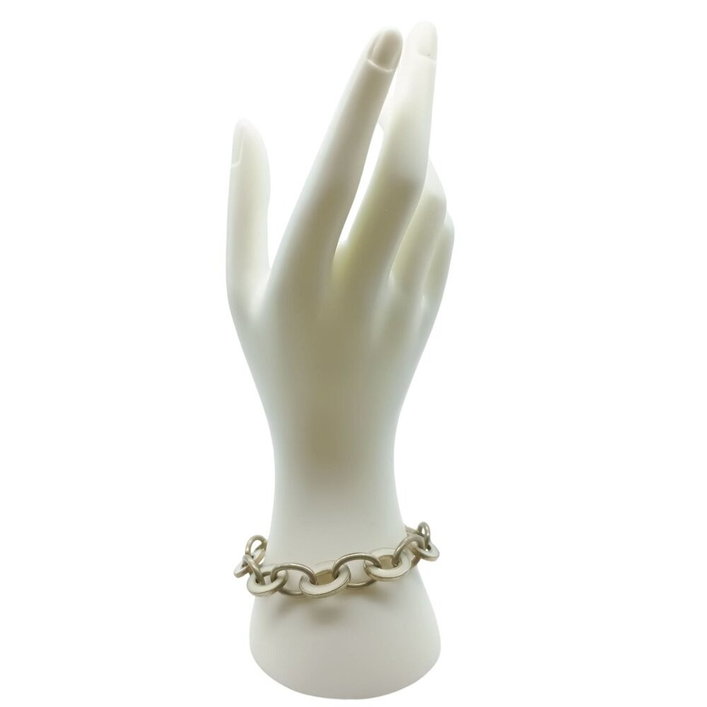Vintage Oval Chain Enamel Link Bracelet with Lobster Clasp on Silver Tone